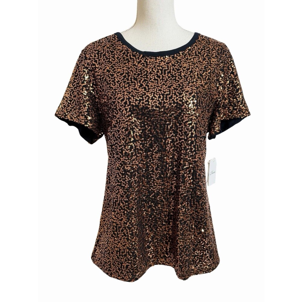 NWT Chaus Women's Sz XL Short Sleeve Top Shirt Black w/ Gold Sequins NEW